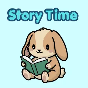 Cartoon bunny reading a book with "Story Time" text above it, links to more information