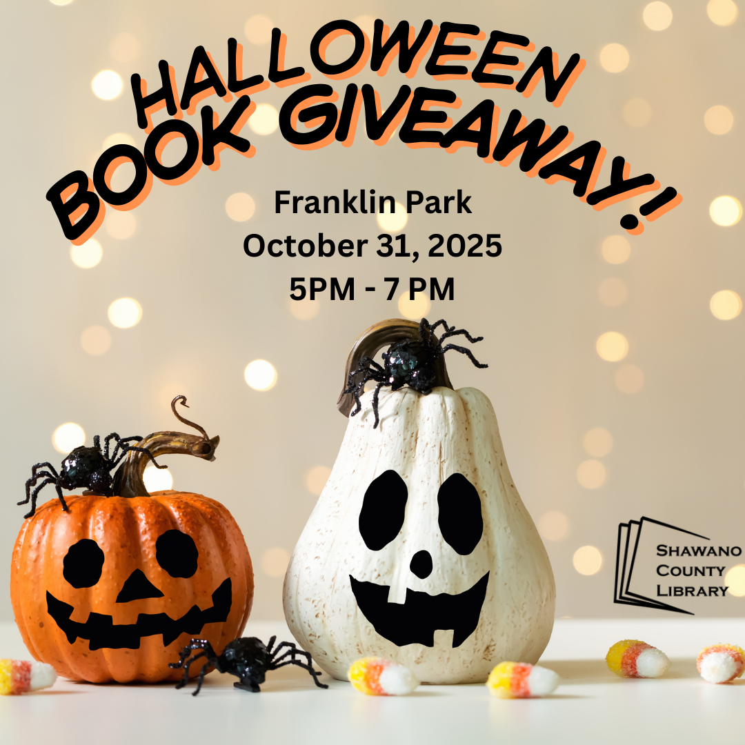 Sparkling gold background with two jack-o-lanterns, one orange and one white. In front of that is a spider and five pieces of candy corn. Text on the image says, "Halloween Book Giveaway. Franklin Park. October, 31 2025. 5 PM to 7 PM."