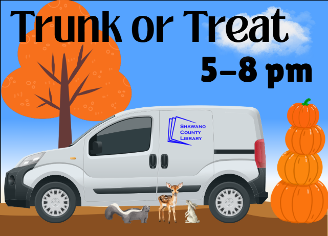 The Shawano County library delivery van next to autumn plants and animals