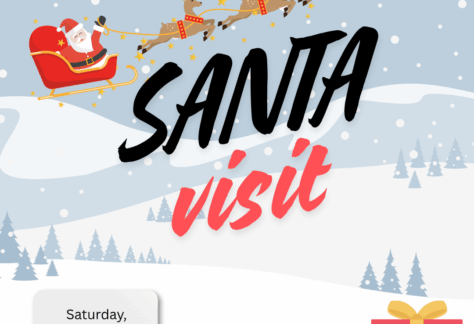 A blue and white winter scene of snow covered hills with trees forms a background for an image of Santa being pulled across the in his sleigh by his reindeer. Text says, "Santa visit. Saturday, November 22, 10 AM."