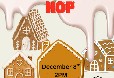 Texts reads "Homeschool Hop" in red and green over the image of four gingerbread houses and dripping icing. Additional text says, "December 8th, 2PM."