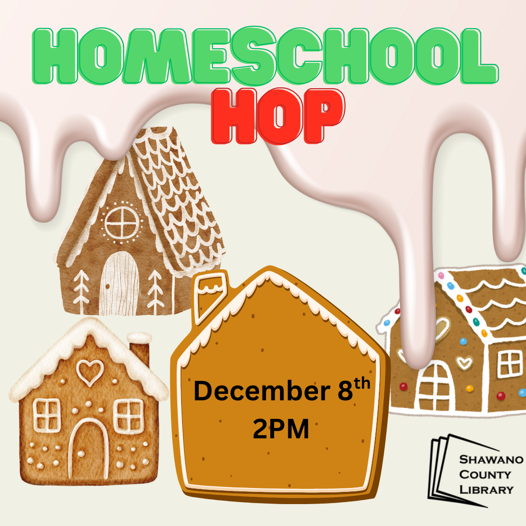 Texts reads "Homeschool Hop" in red and green over the image of four gingerbread houses and dripping icing. Additional text says, "December 8th, 2PM."