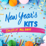 Blue background with colorful paper lanterns, ribbons, and stars. Text reads, "New Year's Kits. December 29-31. All day."