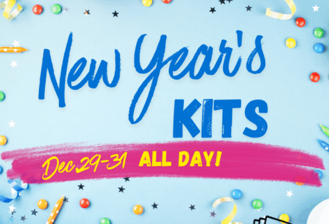 Blue background with colorful paper lanterns, ribbons, and stars. Text reads, "New Year's Kits. December 29-31. All day."