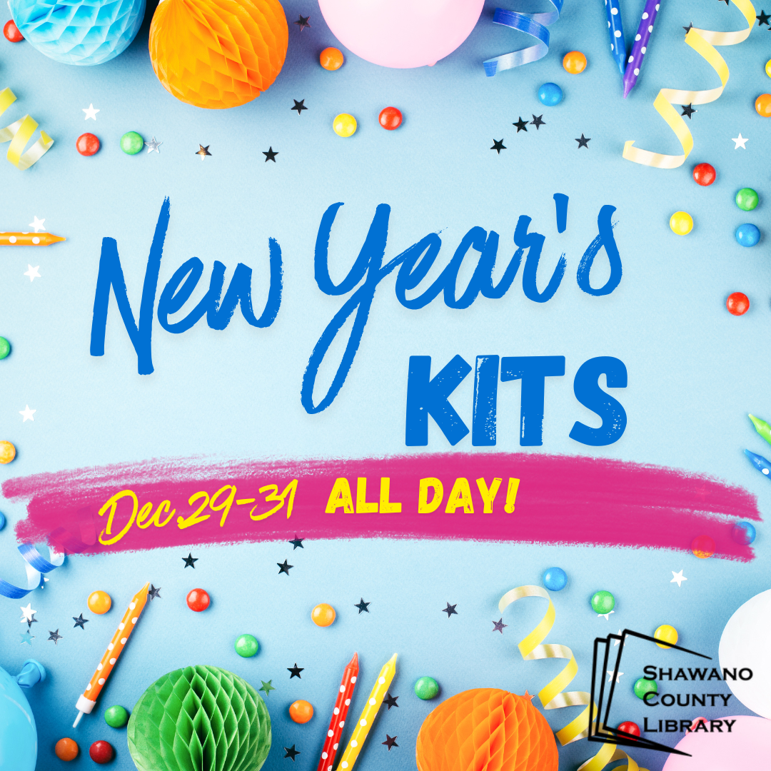 Blue background with colorful paper lanterns, ribbons, and stars. Text reads, "New Year's Kits. December 29-31. All day."