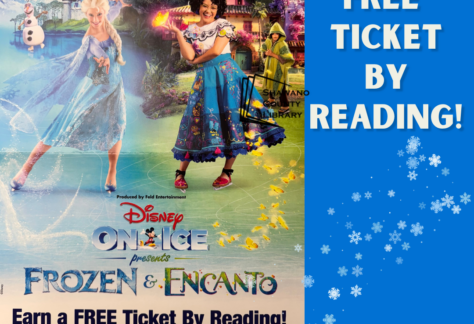 Image of skating Elsa from Frozen and Mirabel from Encanto. Text says, "Earn a free ticket by reading!"