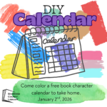 Drawn image of a calendar with rainbow swatches of color behind it. Text reads, "DIY Calendar."