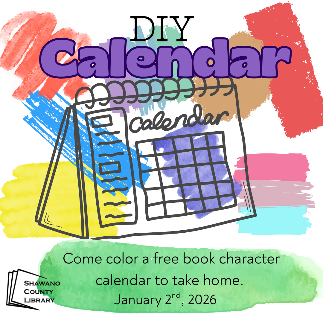 Drawn image of a calendar with rainbow swatches of color behind it. Text reads, "DIY Calendar."