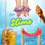 Blue glittery background with four sets of hands holding different color slime. Text reads, "DIY Slime."