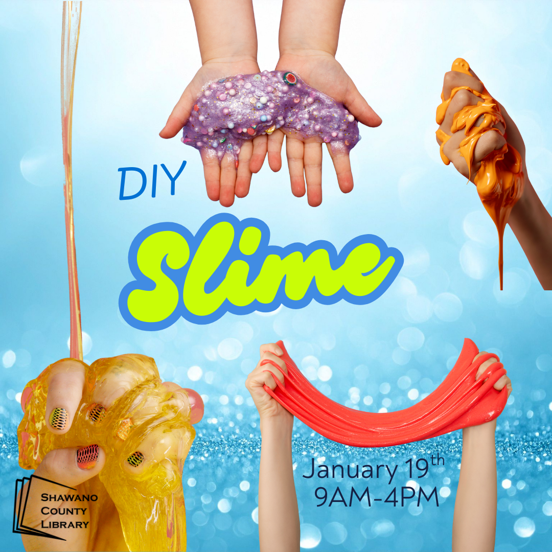 Blue glittery background with four sets of hands holding different color slime. Text reads, "DIY Slime."
