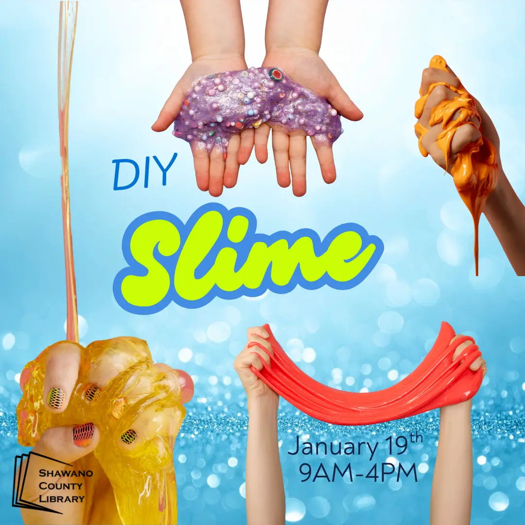 Blue glittery background with four sets of hands holding different color slime. Text reads, "DIY Slime."
