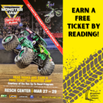 Yellow background with image of green monster truck at rally site. Text says, "Earn a free ticket by reading!" There are muddy tire tracks in the corner.