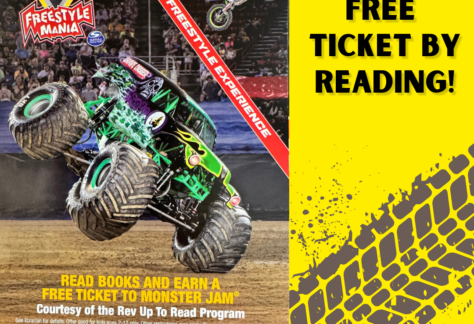 Yellow background with image of green monster truck at rally site. Text says, "Earn a free ticket by reading!" There are muddy tire tracks in the corner.