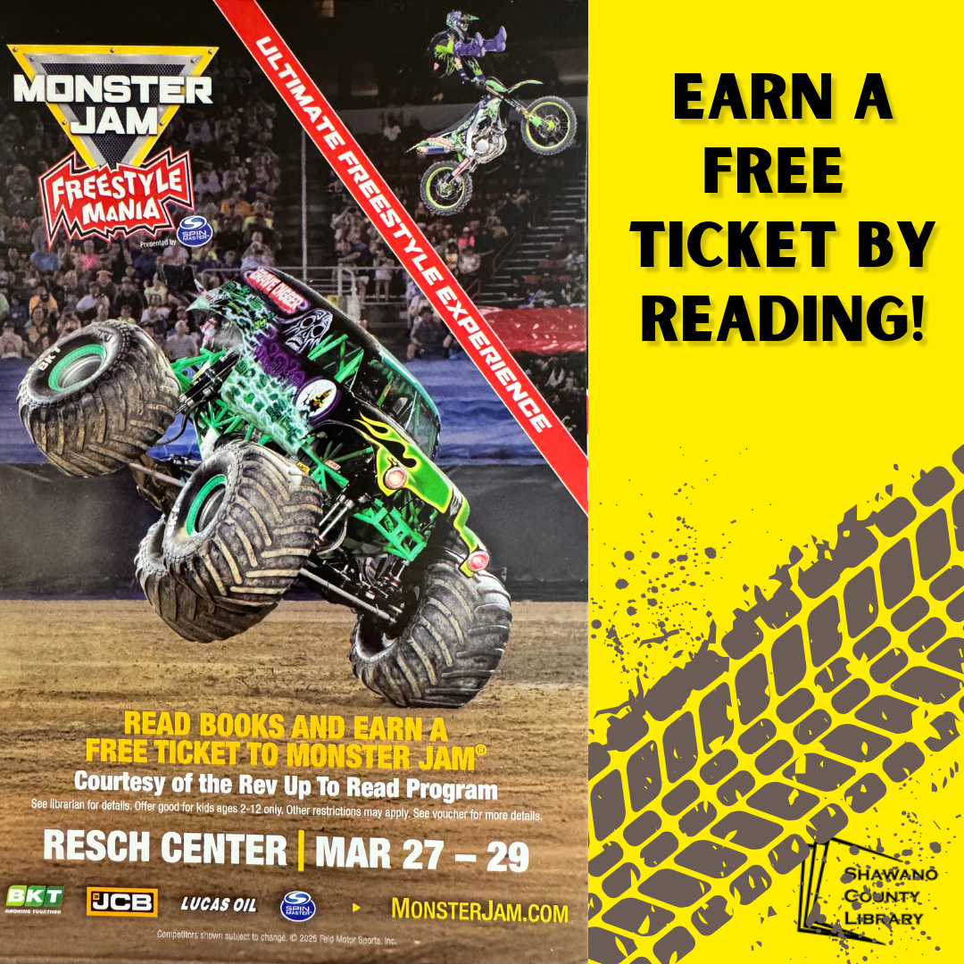 Yellow background with image of green monster truck at rally site. Text says, "Earn a free ticket by reading!" There are muddy tire tracks in the corner.