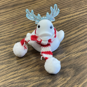 white duck with horns and scarf