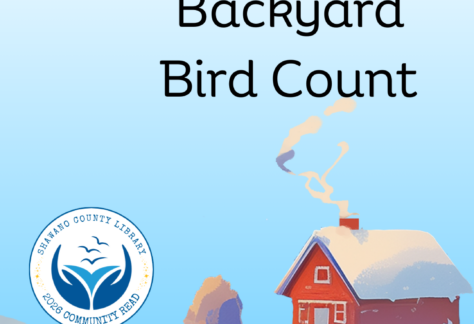 Snowy farm scene. Text says "The Great Backyard Bird Count" Logo for Shawano County Library Community Read 2026. Logo for Citizen Science @ the Library