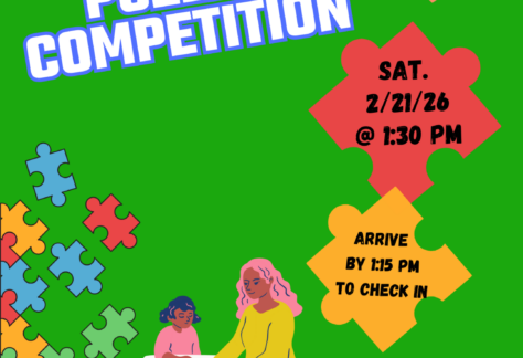 People putting together jigsaws together. Text says "Jigsaw Puzzle Competition. Sat. 2/21/26 @ 1:30 pm. arrive by 1:15 pm to check in." Shawano County Library logo.