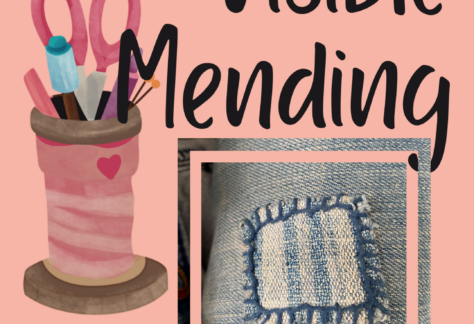 patch mended onto denim Text says "visible mending"