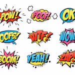 illustrated comic words POW! POOF! OK & more