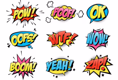 illustrated comic words POW! POOF! OK & more