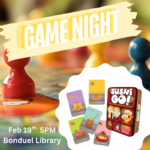 background of board game pieces with a white cut out where the image of the game Sushi Go is presented, Text says, "Game Night"