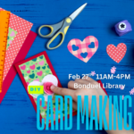 Blue background with paper, scissors, cut out hearts and a card with a finger holding down a rose in front of a handmade card. Text says, "DIY card making."