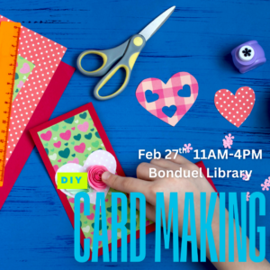 Blue background with paper, scissors, cut out hearts and a card with a finger holding down a rose in front of a handmade card. Text says, "DIY card making.", links to more information