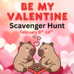 Pink hearts background with cartoon critters sharing candy in front. Text says, "Be My Valentine Scavenger Hunt."