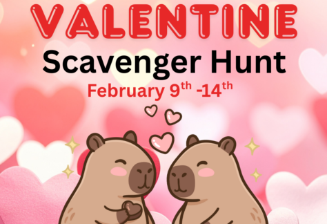 Pink hearts background with cartoon critters sharing candy in front. Text says, "Be My Valentine Scavenger Hunt."