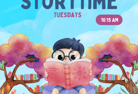 Small child sitting reading a book with the background of trees and sky. Text stays, "Storytime. Tuesdays 10:15 AM"