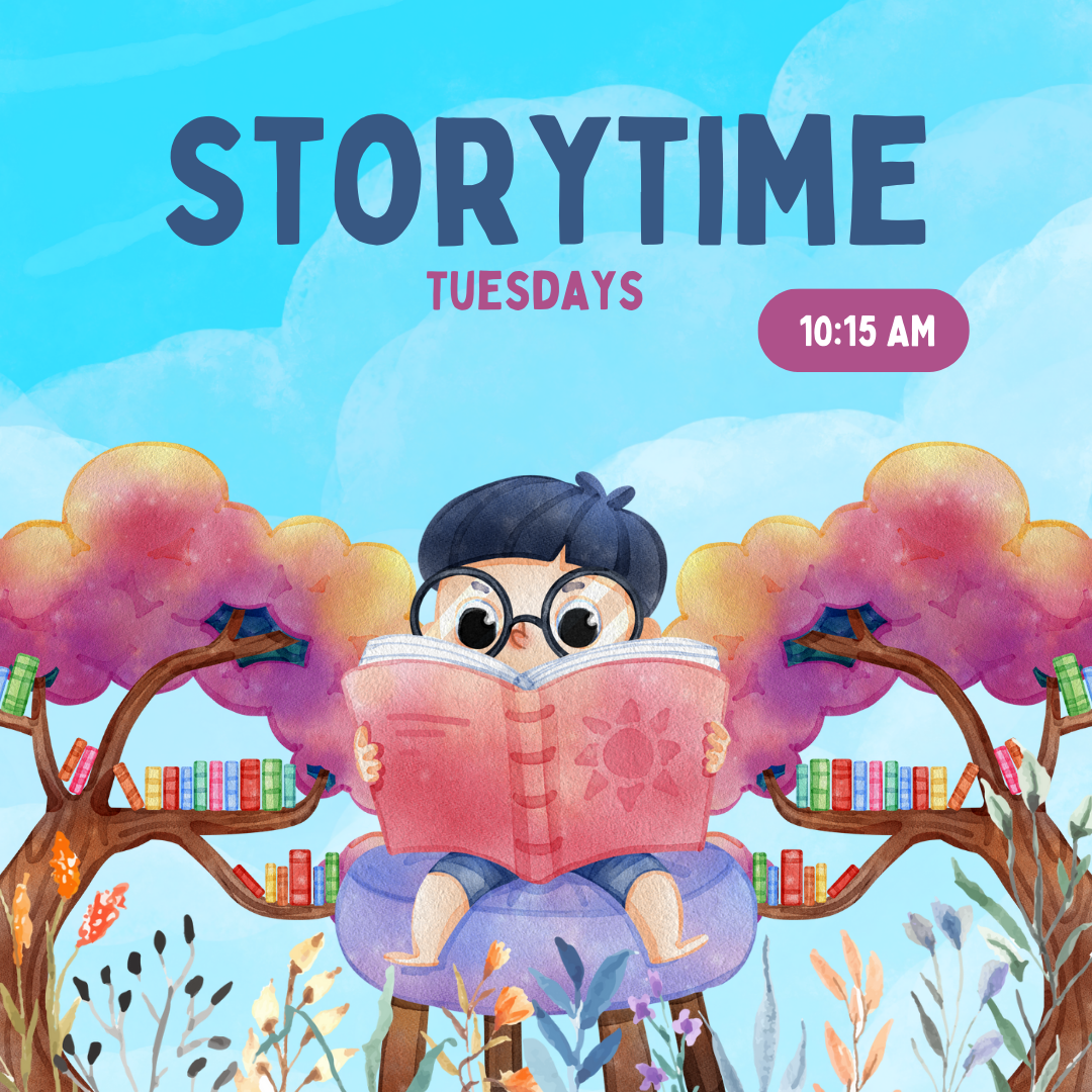 Small child sitting reading a book with the background of trees and sky. Text stays, "Storytime. Tuesdays 10:15 AM", links to more information