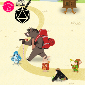 five animals walking on a path with a bird-footed house and a flying with following them. Text says "Swords and Dice for adults"