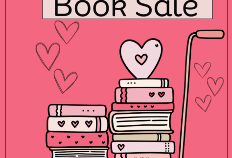 Cart with books and hearts on it. Text says "Giftable Book Sale"