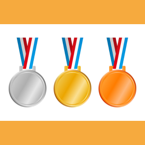Three medals: silver, gold, and bronze with blue, white, and red ribbons on an orange background.