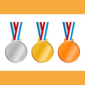 Three medals: silver, gold, and bronze with blue, white, and red ribbons on an orange background., links to more information