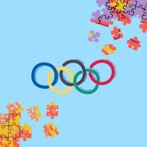 Olympic rings on a light blue background with colorful puzzle pieces in the corners.
