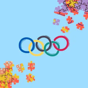 Olympic rings on a light blue background with colorful puzzle pieces in the corners., links to more information