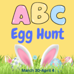 Yellow background, bunny ears, ABC Egg Hunt text, links to more information