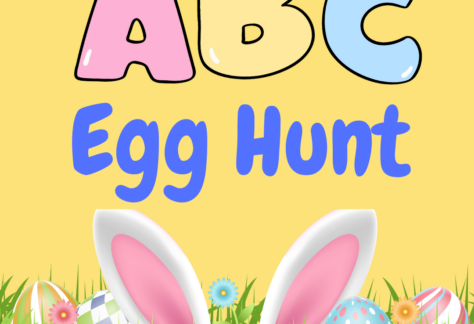 Yellow background, bunny ears, ABC Egg Hunt text, links to more information