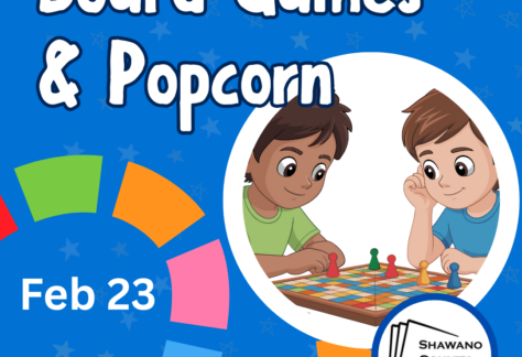 Two kids playing boardgames on a blue background. Boardgames and popcorn February 23 9:00-3:00. Shawano County Library