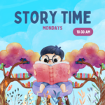 Small child sitting reading a book with the background of trees and sky. Text stays, "Story Time. Mondays 10:30AM", links to more information