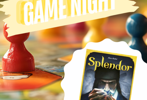 board game pieces as background with the game box for the board game Splendor. Text Game Night, March 19th 5PM, Bonduel Library, links to more information