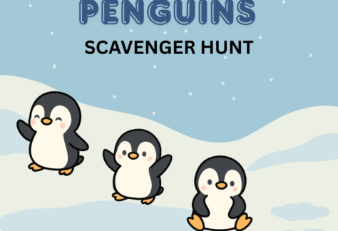 Cartoon snow hill with three cartoon penguins in a line. Text says, March of the penguins scavenger hunt. March 30th-April 4th, links to more information