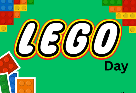 Green background with images of Lego pieces in the corners. Text says Lego Day. March 20th 11AM-4PM, links to more information