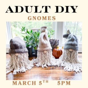 Image of three gnomes crafts with long string hair and beards. Text says, Adult DIY Gnomes. March 5th 5PM, links to more information