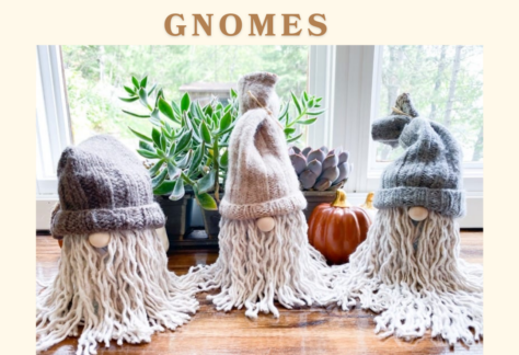 Image of three gnomes crafts with long string hair and beards. Text says, Adult DIY Gnomes. March 5th 5PM, links to more information