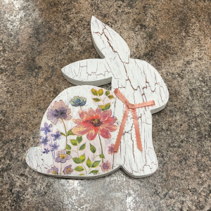 Wooden rabbit decoration with crackle finish and floral design, links to more information