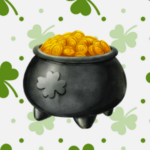 Black cauldron filled with gold coins, links to more information