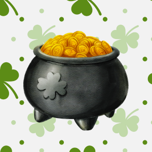 Black cauldron filled with gold coins, links to more information