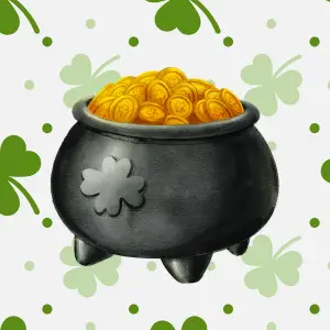 Black cauldron filled with gold coins, links to more information